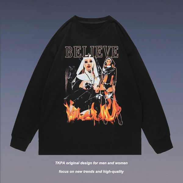 

tkpa dark funeral gothic style personalized flame printed sweater men's and women's street hip hop long sleeve hoodies trend, Black
