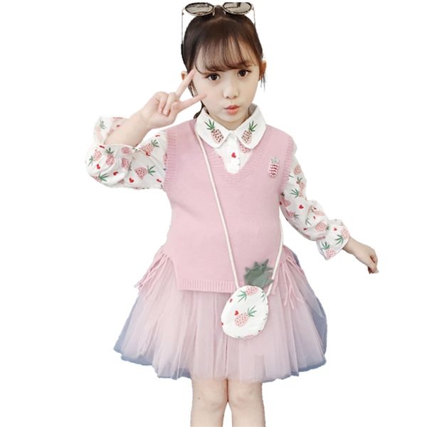 

girls knitted clothes pineapple pattern for vest + dress tracksuit autumn winter costumes children 210527, White