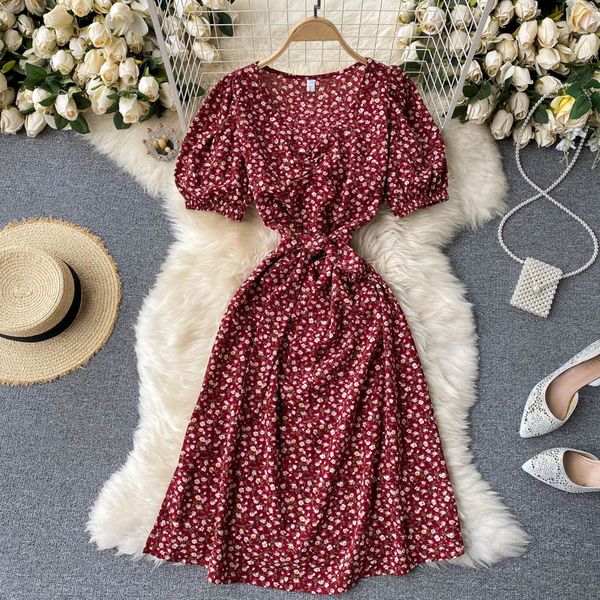 

dresses women korean floral v neck sleeve lace up a-line summer boho print split vacation beach short, Black;gray