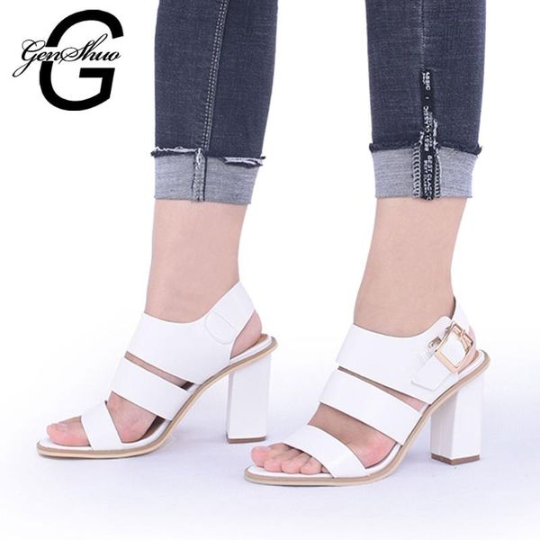 

women sandals gladiator black buckle strap for chunky heels summer shoes ladies block heel white