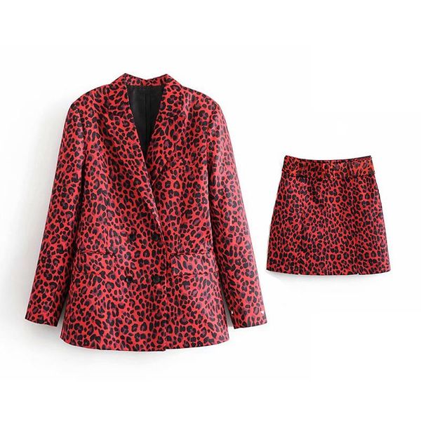 

red women leopard suits sets for 2021 spring womens vintage animal print blazers-skirts ladies chic jackets mini skirt women's two piec, White