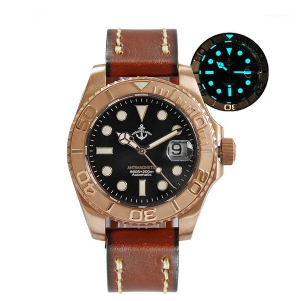 

hruodland luxury men watch bronze st2130 automatic movement antimagnetic sapphire 20atm water resistant bgw9 leather strap wristwatches, Slivery;brown