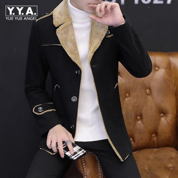 

fashion epaulet mens winter fleece lining warm jacket korean slim fit wool coat for men casual boys fur collar overcoat big size men's, Black