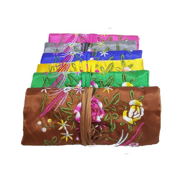 Gestickte Blumen-Vögel-Seiden-Geschenktüten für Schmuck, Rolltasche, Reise, faltbare Kordelzug-Make-up-Tasche, 3-Reißverschluss-Beutel, Kosmetik-Aufbewahrungstasche