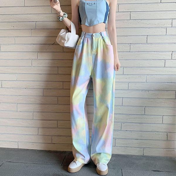 

women's jeans harlan women big fat sister 200 jins loose fried street tie-dye spring and autumn high waist show thin wide leg pants, Blue