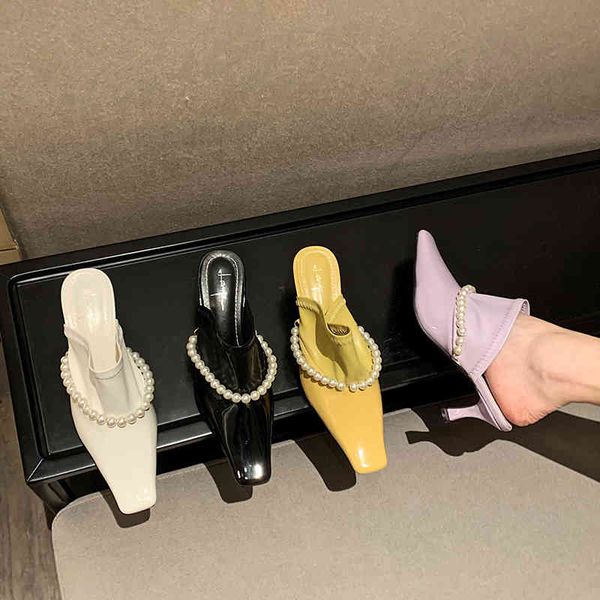 

small square toe women slippers solid color slip on thin high heels pearl chain fashion slippers yellow/purple/white/purple mule 210513, Black