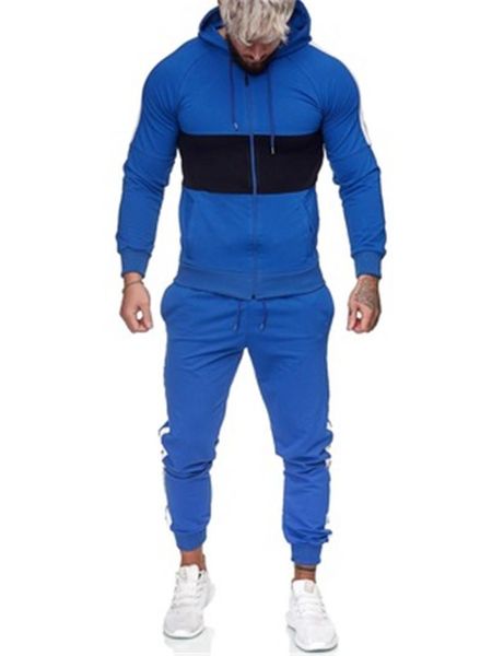 

mens colorblocked fitness tracksuits fashion long sleeve zipper hooded trousers sets designer male spring pocket slim casual sportswear, Gray