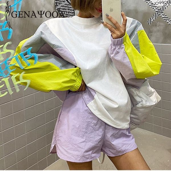 

genayooa patckwork two and pants casual long sleeve tracksuit 2 piece set loose sweatsuits for women korean 210417, White