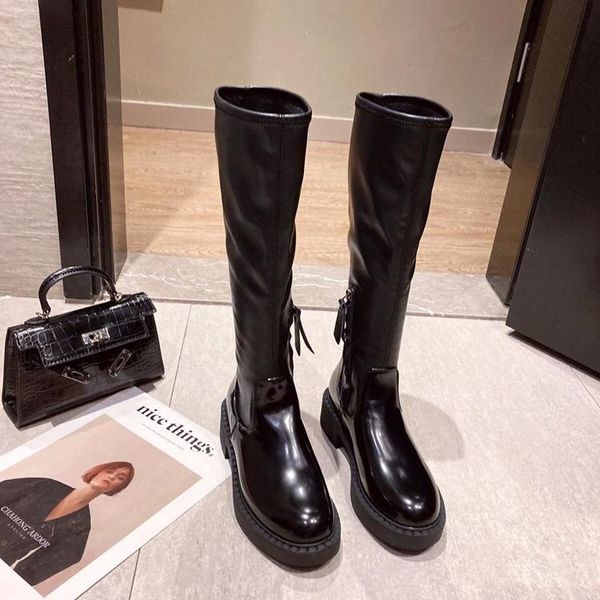 

boots women over knee shoes round toe winter footwear boots-women over-the-knee med rubber 2021 ladies square heel basic slip-o, Black