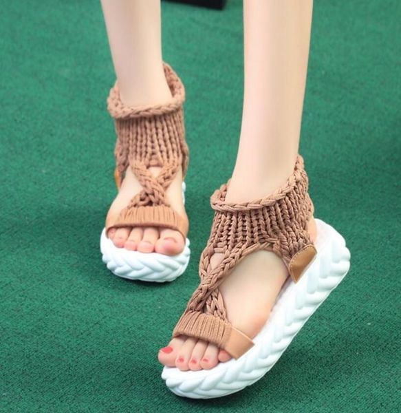 

sandals casual summer shoes women comfortable wool ladies platform knit high heels grey rose red sandales, Black