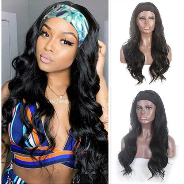 

fashion scarf female long curly hair chemical fiber headband wig headcover, Black