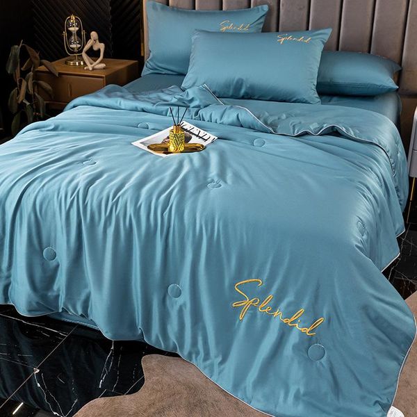 

comforters & sets blue gray summer quilt solid color air conditioning and white thin pompon blanket plaid