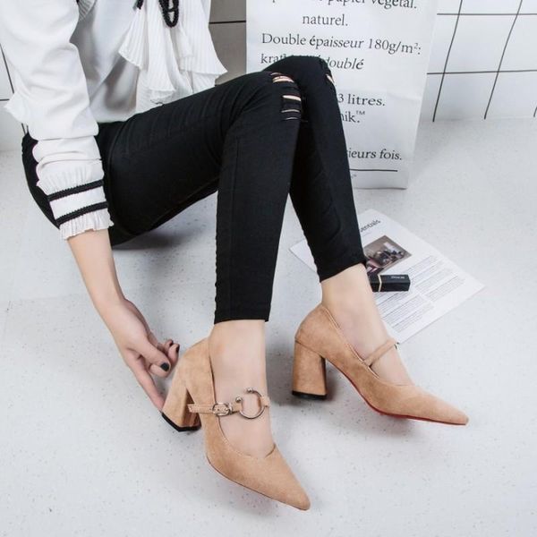 

dress shoes zapatos de mujer thick with heel wild thin women's elegant stiletto fashion women buckle pointed high heels k16-15, Black
