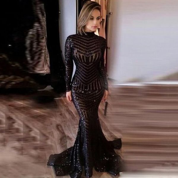 Sexy preto brilho lantejoulas mangas compridas sereia vestidos de noite zíper volta varrer trem trem vestidos de formatura vestido vestido feito sob encomenda