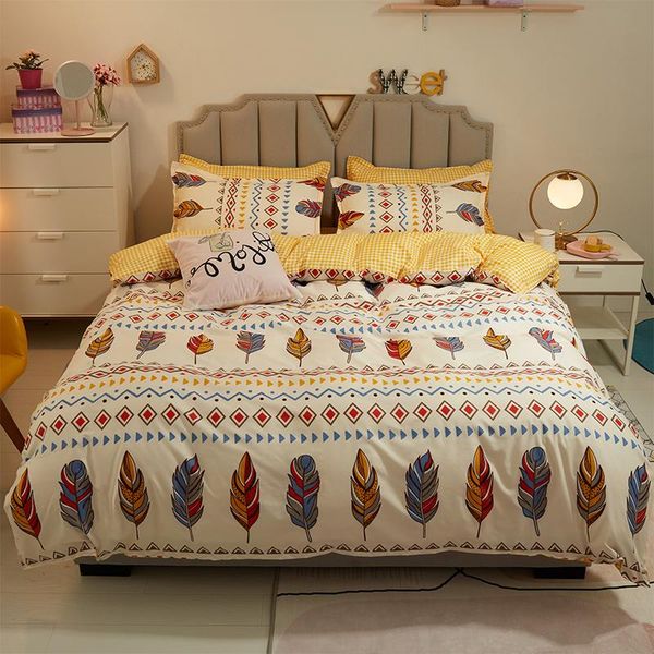 

bedding sets color feather printing 3 / 4pcs duvet cover + flat sheet pillowcase single full  family size home textiles bedclothes