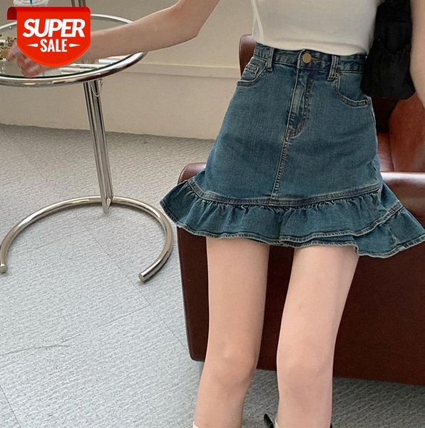 

fashionable korean slim-fit version of ruffled denim skirt with high waist and thin a-line #rc91, Black;gray