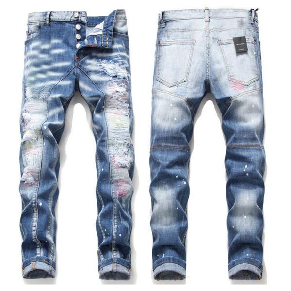 

jeans men ripped slim fit jeans fashion designer washed motocycle men's denim pants panelled hip hop biker street wear trousers high qu, Blue