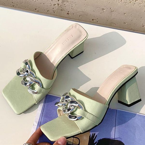 

slippers 2021 women summer high heels leather metal chain casual ladies slides square toe solid color beach sandals, Black