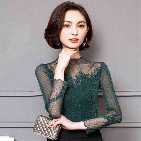 

hollow out spring autumn style women blouses lace casual long sleeve patchwork spliced turtleneck blusas df2089, White
