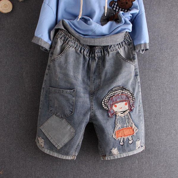 

women's jeans knee length art ripped embroideryplus size women pockets boyfriend denim loose hole casual harem pants flare cotton, Blue