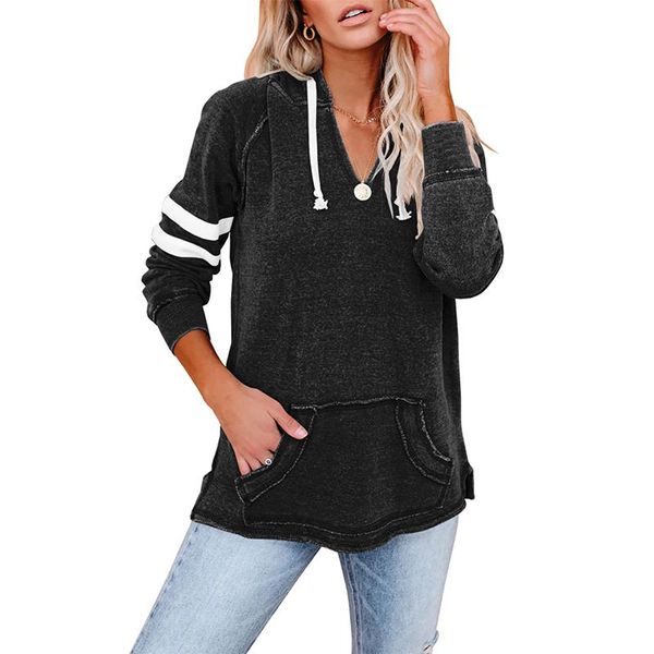 

women's hoodies & sweatshirts casual striped v-neck women long sleeve hooded oversized jumpers female simple pockets pullovers winter 2, Black