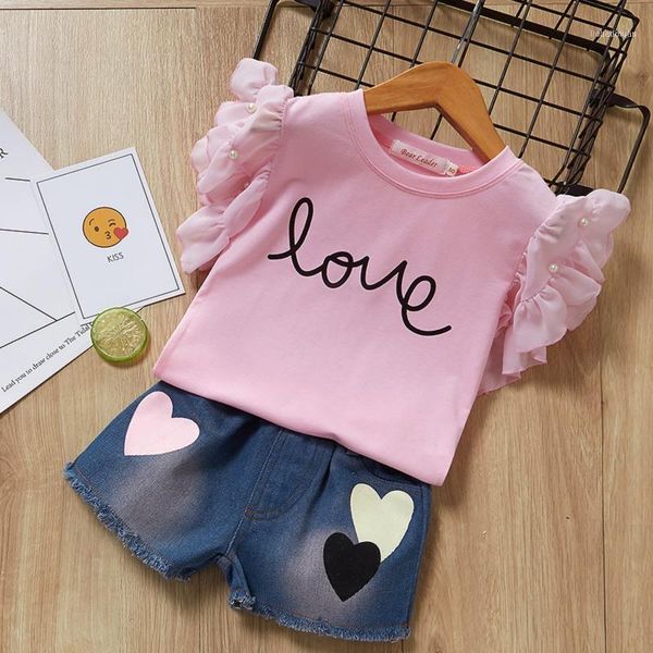 

clothing sets 2021 baby summer 3-7years kids child girls ruffled shirt hearts print denim shorts 2pcs outfits1, White