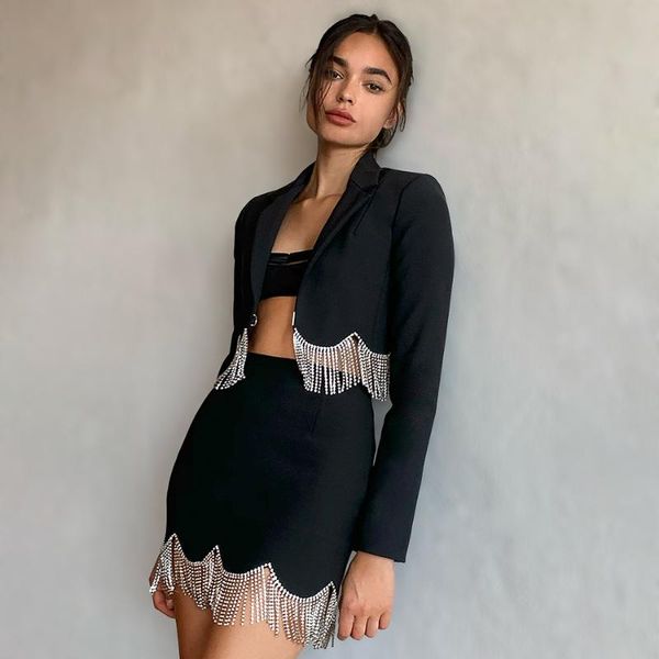 

two piece dress [shesrim] women's single-breasted hook-and-eye placket cropped crepe blazer with crystal fringe and scalloped crystals, White