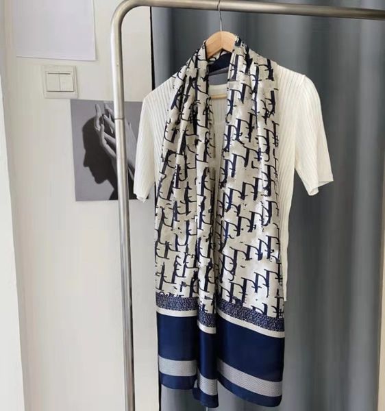 

65-180cm letter scarves womens senior long single layer chiffon silk shawls fashion tourism soft designer gifts printing scarf, Blue;gray