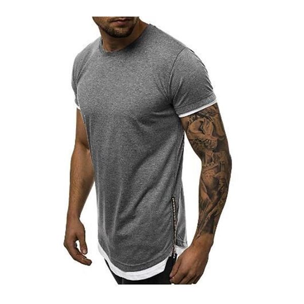 

summer fashion solid color short sleeve t-shirt men's loose large zipper design round neck fake two t-shirts, White;black
