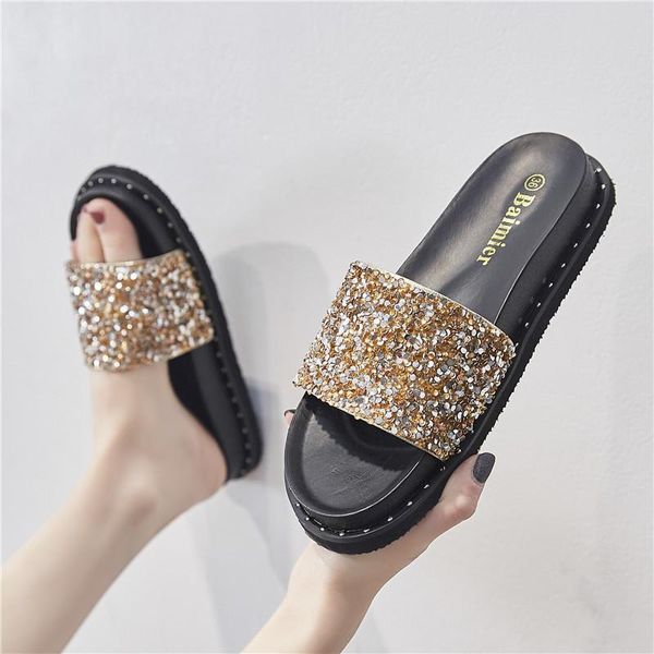 

shoes big size slippers casual slipers women glitter slides low luxury flat soft 2021 jelly rome pu leisure rubber crystal hoof, Black