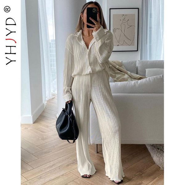 

women's two piece pants yhjyd elegant fashion fall 2 sets womens outfits pleated wide leg long sleeve shirts matching, White