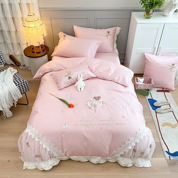 

bedding sets pink egyptian cotton dancing ballet girl lace embroidery bed pillowcases cover home set princess duvet sheet textiles