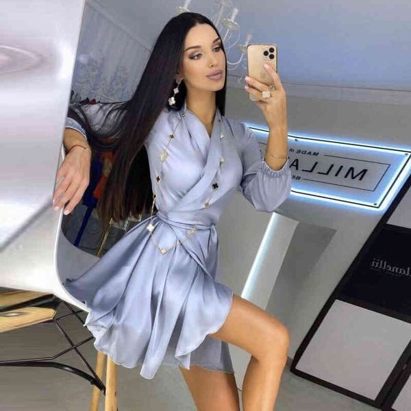 

dresses casual satin a line sashes mini front cross v neck long sleeve high waist elegant 2021 spring new women dress, Black;gray
