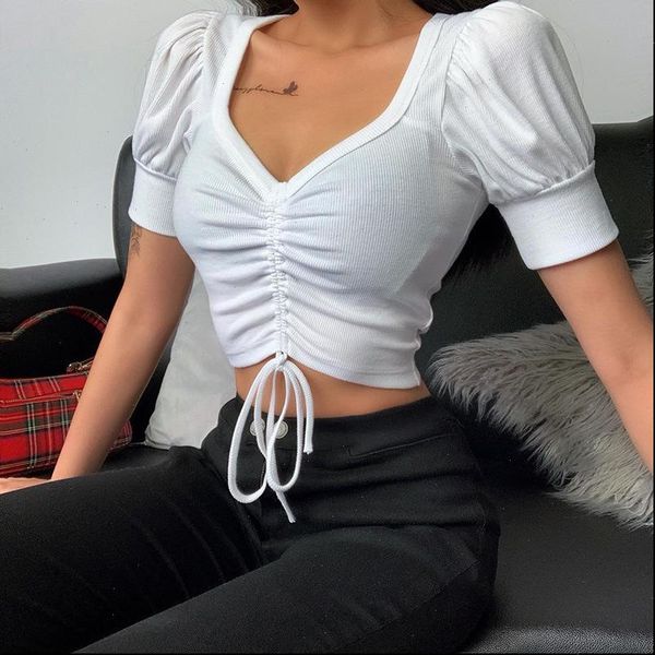 

women lofia t shirt crop blue white puff sleeve womens clothing short cotton pleated bow
