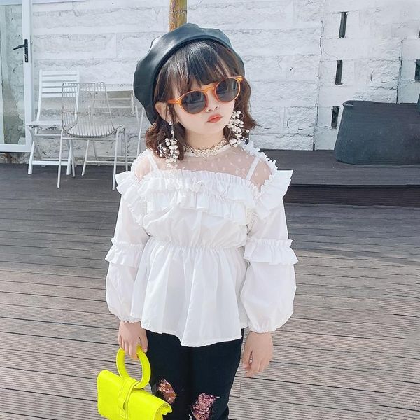 

shirts spring autumn girls blouse baby white shirt kids fashion children streetwear clothes pleated ruched mesh dot 3 to 8 yrs, White;black