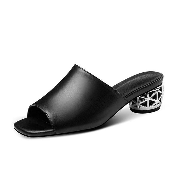 

genuine leather 4.5cm med heels sandals woman fashion ladies casual work shoes black white large size 41 42