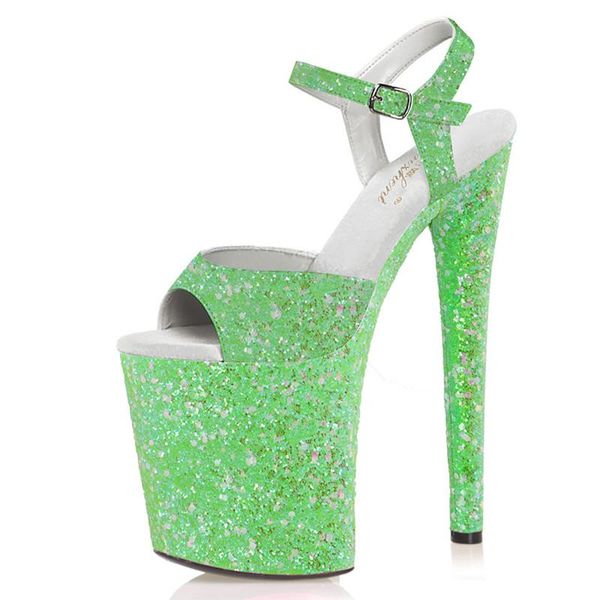 Sandálias 20cm Green Pole Dance Shoes Nightclub Retro Glitter Alta Modelos Plataforma Mulheres Stripper Heels Aberto Sexy Fetish