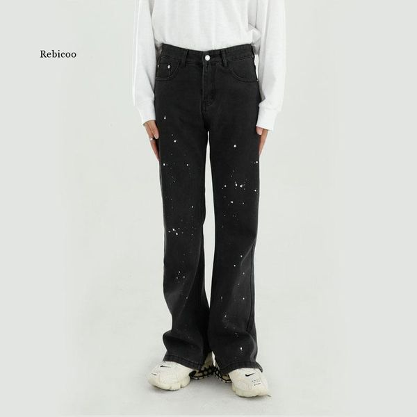 

paint dot broken hem small bootcut casual denim pant for male streetwear hip hop vintage fashion loose jeans trousers men men's, Blue