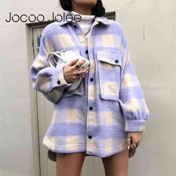 

elegant sweet plaid woolen shirt jackets women winter pockets turn-down collar long coat vintage outerwear chic 210416, Black
