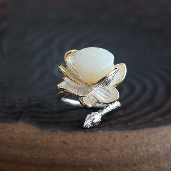 

cluster rings sterling silver natural hetian jade lotus handmade female model atmospheric retro temperament open ring, Golden;silver