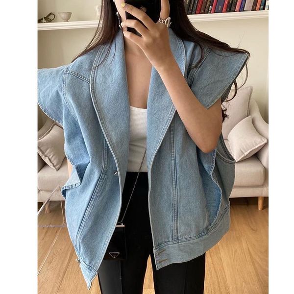 

women's vests superaen summer retro turn down collar ruffles loose all match wash blue denim cardigan woman jacket, Black;white