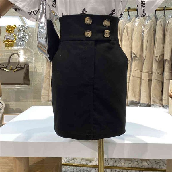 

niche design wild personality four high waist buckle hip pocket female skirt thin step, Black