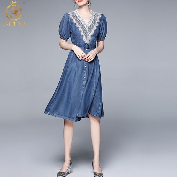 

casual dresses 2021 arrival women's summer es vintage v-neck lace patchwork denim party vestidos bru7, Black;gray