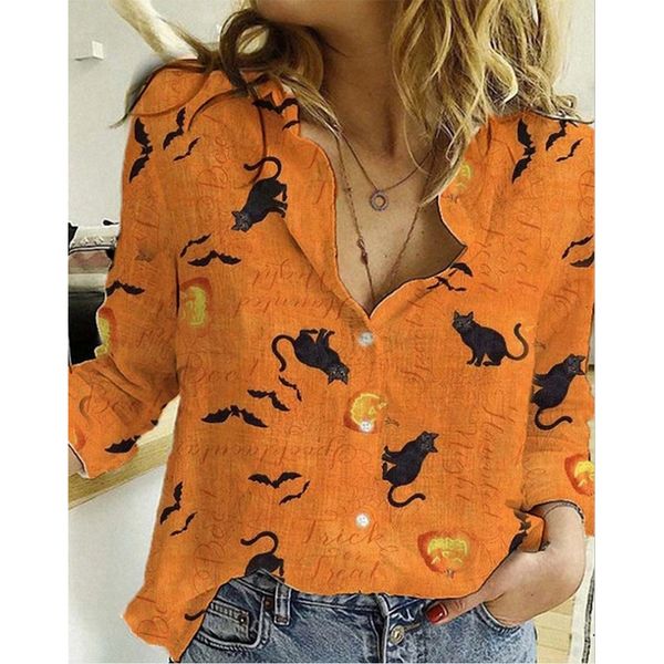 

halloween ladies v-neck pumpkin cat print all-match blouse shirt, White