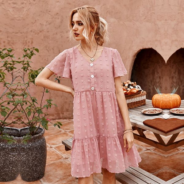 

2020 new summer casual butterfly sleeve women loose ruffles v-neck solid knee-length dress, Black;gray