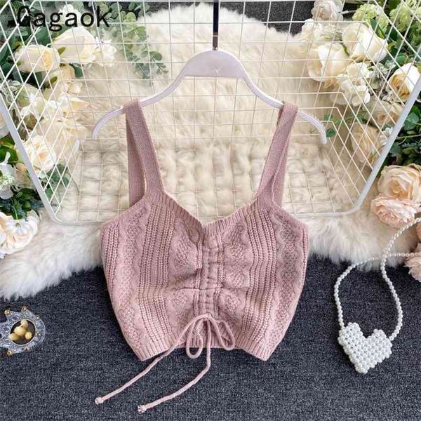 

women knitted camis spring autumn solid v neck short camisole korean chic fashion female navel wild crop 210531, White