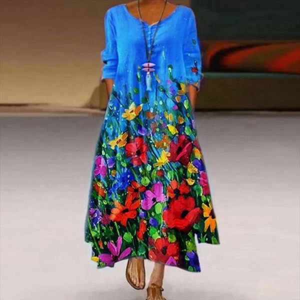 

casual 3 4 sleeve printed women dresses spring summer v neck irregular party dress pockets loose a line vestidos, Black;gray