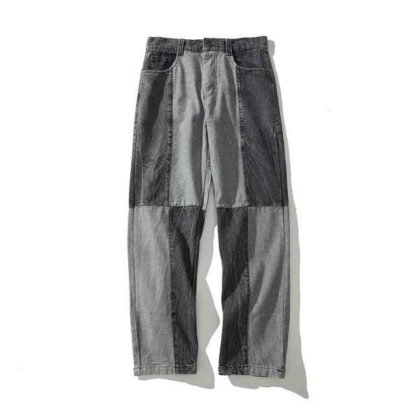 

men's jeans patchwork high street lazy wind denim male fashion black gray patch pants loose straight trousers vsb6, Blue