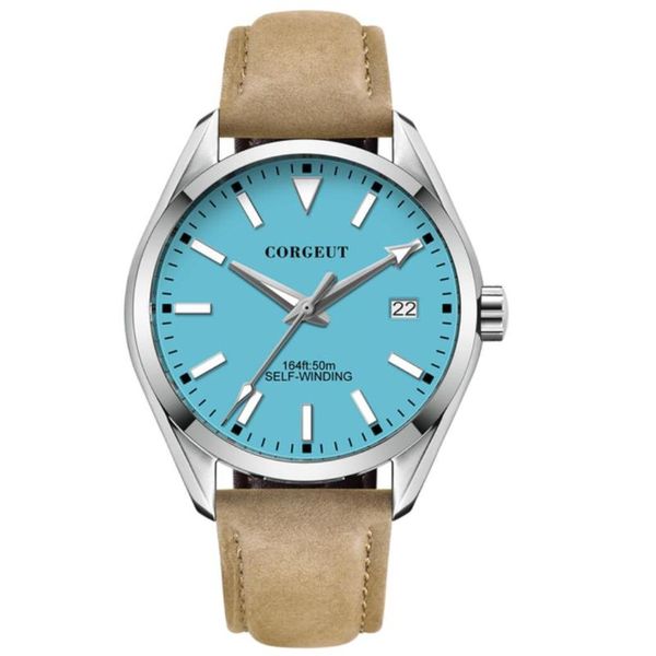 

wristwatches 41mm luxury men's clock blue dial silver hands automatic date nh35 mechanical sapphire belt watch, Slivery;brown