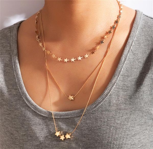 

pendant necklaces 2021 fashion vintage boho choker chain necklace for women gold multilevel metal rope five-pointed star jewelry gif, Silver
